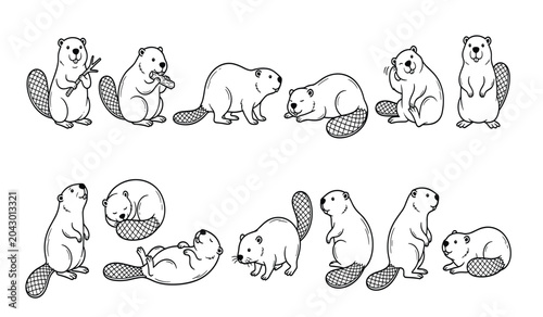 Fotografi Cute beaver outline vector character set