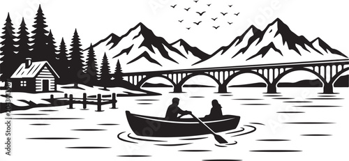 Black and white, scenic lake landscape, mountain range, wooden bridge, boat vector illustration
