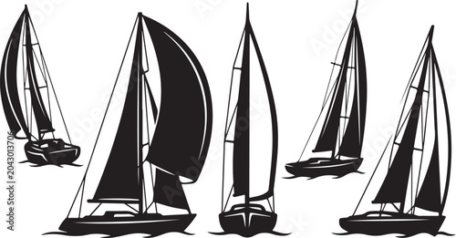 Sailing yacht icons, black sailboats, vector graphics, nautical symbols, boat illustrations