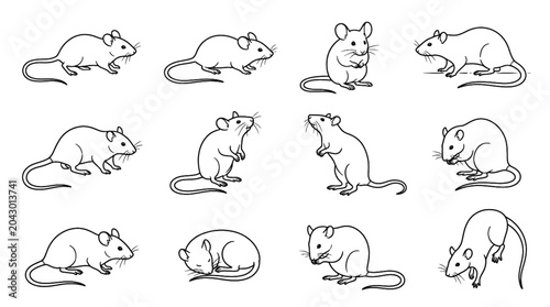 Foto Mouse and rat outline illustration collection featuring various poses and natura