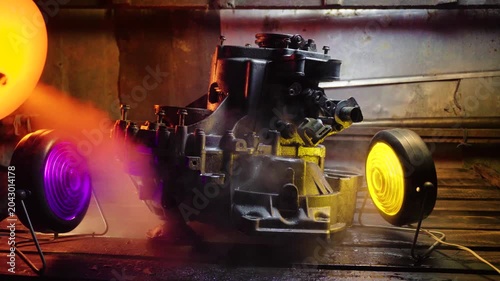 cleaning and washing with a steam cleaner of an old manual transmission from a front-wheel drive car for repair evening video shooting with red and purple lighting