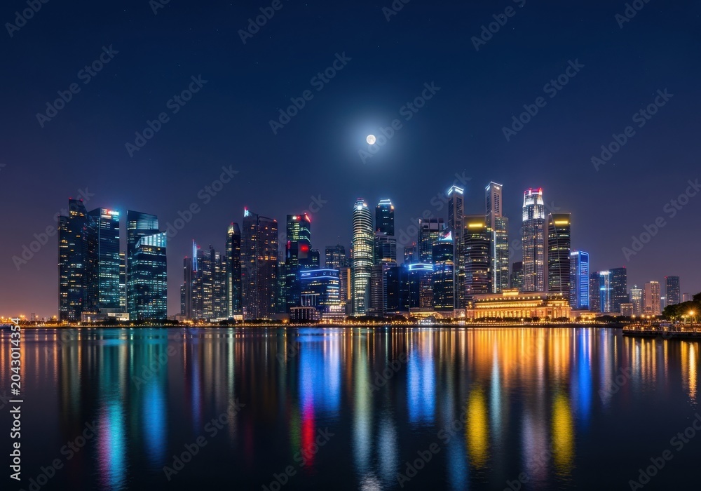 Fototapeta premium Stunning city skyline of singapore at night with bright lights reflecting in the water of the harbor bay