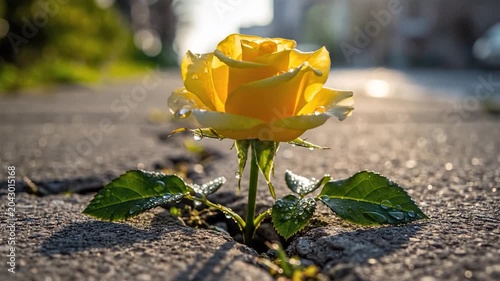 Yellow rose with water droplets growing from a crack in urban asphalt pavement under bright morning sunlight