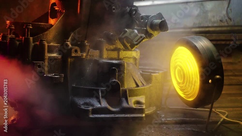 cleaning and washing with a steam cleaner of an old manual transmission from a front-wheel drive car for repair evening video shooting with red and purple lighting