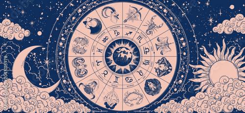 Foto Astrological zodiac wheel with twelve horoscope signs, sun, moon, clouds and stars