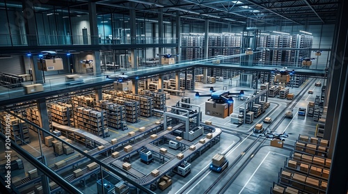 A futuristic warehouse with drones and conveyor belts transporting boxes efficiently in a highly automated logistics center.