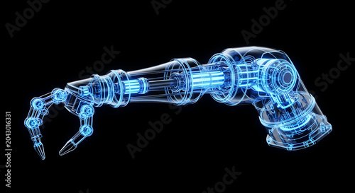 Futuristic holographic robotic arm with glowing blue wireframe circuits on black background, industrial 3D illustration