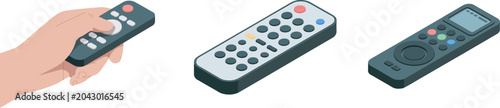 Television remote controls held and displayed on white background, clean vector set of remote controllers for TV and media devices, ergonomic handheld gadgets for channel control, volume adjustment, 