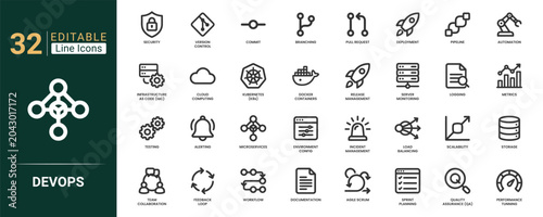 Photos Devops linear icons set featuring security, commit, branching, feedback loop, workflow, storage and symbols