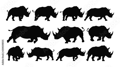 Obraz na plátně Collection of rhinoceros silhouettes in various poses against a white background
