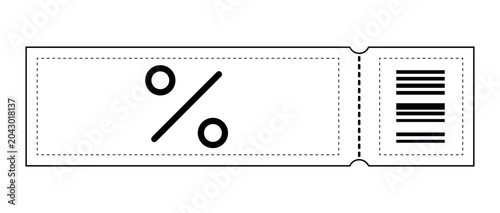Discount coupon ticket vector icon with percentage sign and barcode isolated on white background