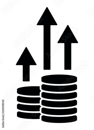 Inflation and price growth vector icon with coin stacks and upward arrows isolated on white background