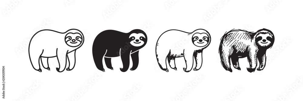 Fototapeta premium Sloth standing on all fours, facing forward, in various black and white drawing styles