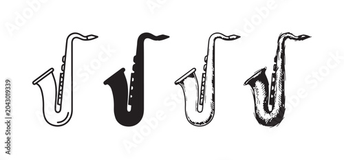 Fotografie Quartet of simplified saxophone illustrations showcasing different artistic techniques: clean line art, bold silhouette, detailed etching, and energetic doodle sketch