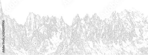 A detailed illustration of a rugged mountain range with pointed peaks and slopes
