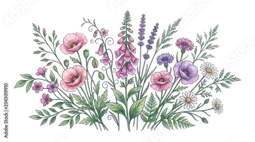 Photos Watercolor Wildflower Bouquet: Poppies, Foxglove, Lavender, Daisies