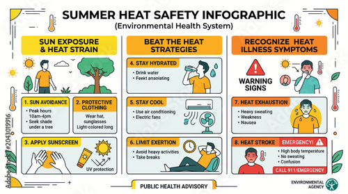 Summer Heat Safety Infographic: Hydration, Cooling, and Illness Symptoms