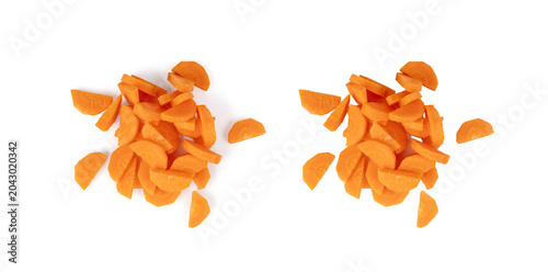 Finely chopped pieces of fresh carrots isolated