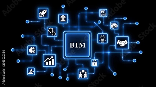 Building Information Modeling B I M Technology on Dark Background with Neon Connections software architecture.4k animation video..