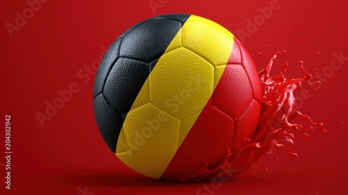 Soccer ball featuring the flag of Belgium with red liquid splash on red background