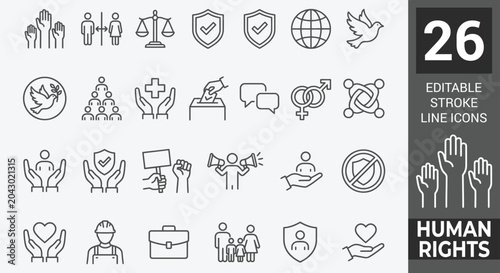 Photos Human Rights line icon set featuring equality, justice, freedom, law, diversity, peace, and advocacy