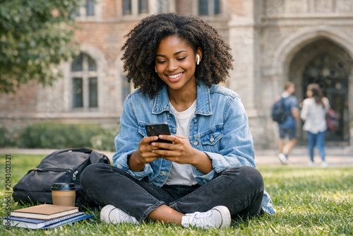 A cheerful young woman sitting on a grassy lawn at college. She is smiling and looking at her phone while wearing casual attire. In the background, there are other students walking around campus with