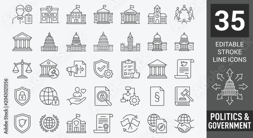 Photos politics and government line icon set featuring democracy, election, and public policy symbols