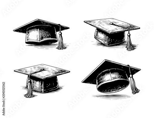 Foto Simple hand drawn graduation cap sketch set, engraved education illustration clip art