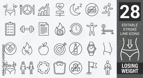 Foto Losing weight line icon set featuring weight loss, diet, fitness, health, nutrition, workout, and measurement
