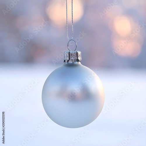 A silver Christmas ornament hangs from a thin string against a blurry snowy background