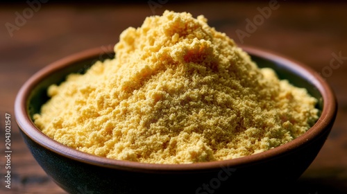 Bowl of raw chickpea flour on rustic wooden table