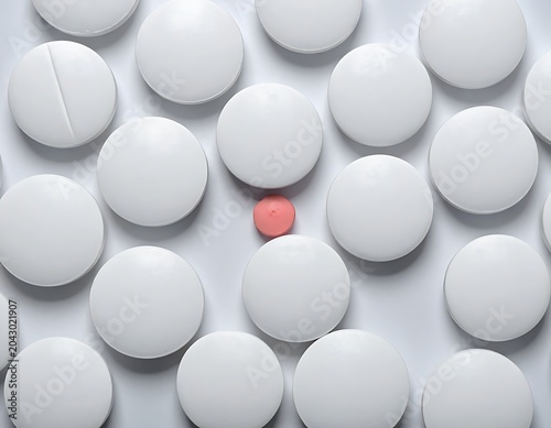 A single red pill surrounded by white pills