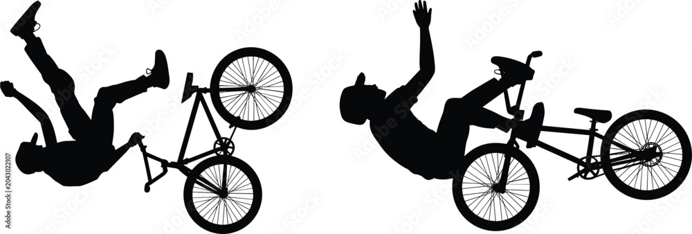 Naklejka premium Extreme BMX stunt silhouettes, freestyle bicycle trick riders vector illustration collection for action sports design