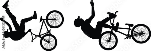 Bild auf Leinwand Extreme BMX stunt silhouettes, freestyle bicycle trick riders vector illustratio