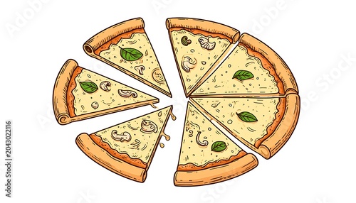 A sliced pizza with mushrooms and basil on a white background