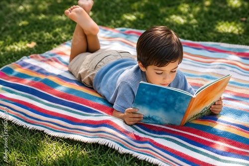 A relaxed young boy lying down on his stomach over a multi-colored striped picnic blanket while reading an open book, symbolizing carefree summer holiday leisure and casual outdoor learning.