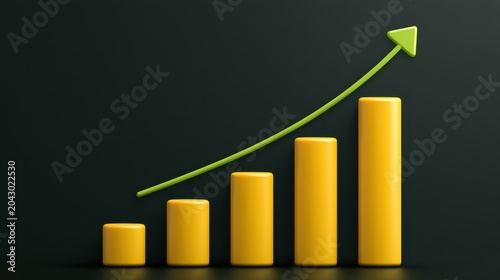 3D growth bar chart with upward trend arrow on dark background
