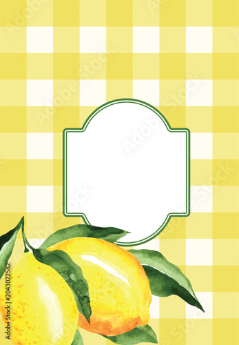 Sunny Lemon Frame with Yellow Gingham Pattern, Mediterranean Summer Citrus Card Template