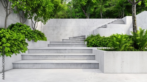 Modern outdoor stairs with greenery in minimalist landscape design for tranquil nature-inspired architecture