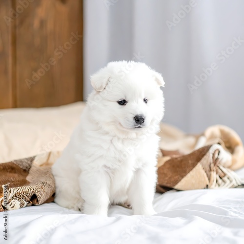 A small white puppy sitting on a bed with a brown blanket