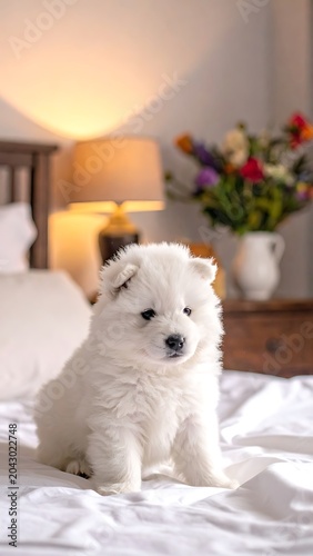 A small white puppy sitting on a rumpled white bedspread (1)