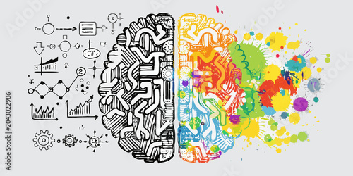 Принти на полотні Brain Illustration With Divided Hemispheres Sketch And Paint Splatter Style
