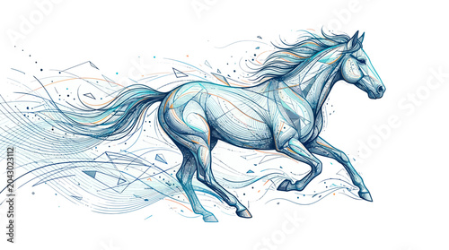 Billede på lærred Abstract Watercolor Horse Running, Blue and White, Dynamic Motion