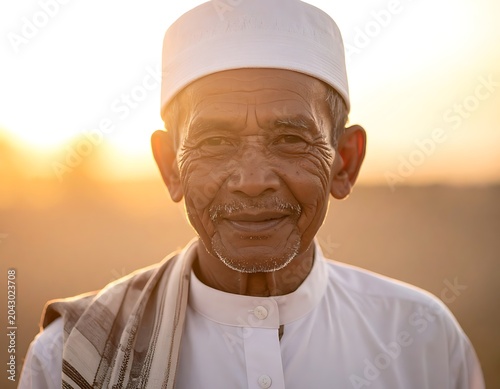 A smiling elderly man in traditional attire against a sunset