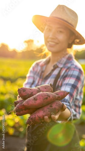 A smiling person holds sweet potatoes in a sunny field