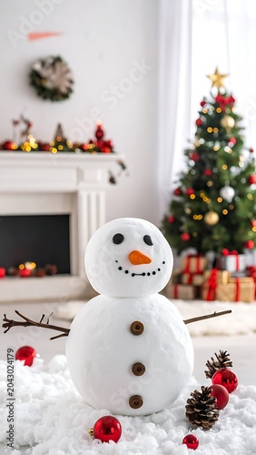 A snowman with a carrot nose and coal eyes in a festive room