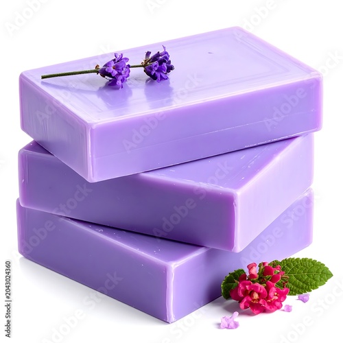 A stack of three lavender soap bars with flowers