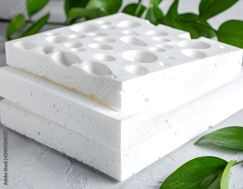 A stack of white foam blocks with holes on top