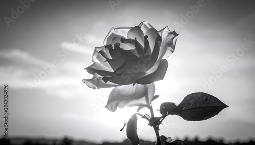 A stunning monochromatic close-up photograph of a blooming rose