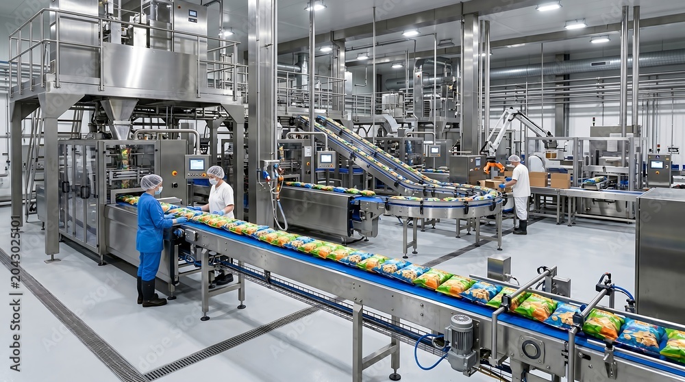 Naklejka premium Industrial food processing factory with workers on conveyor belt